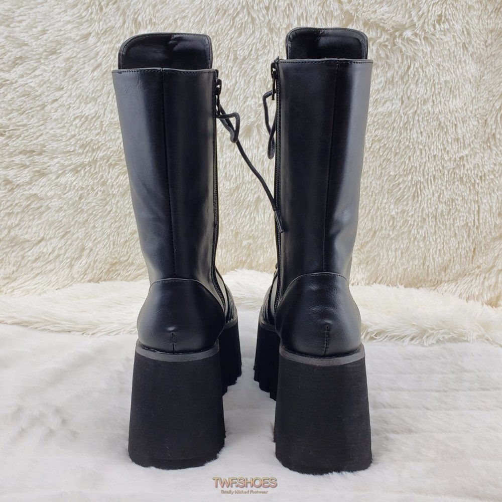 Ashes Black Matte Platform Goth Punk Mid Calf Combat Boots - Picture 8 of 14